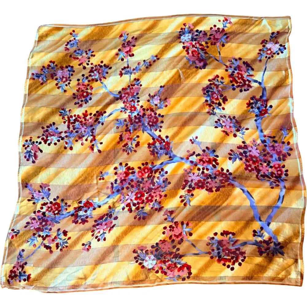Vintage Anne Klein Silk Floral Scarf NWT Gold Cherry Blossom Square 34x34